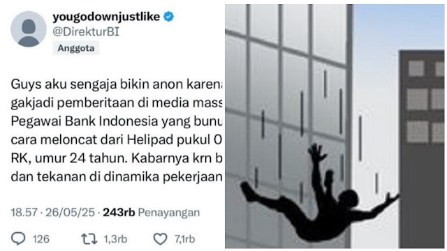 Viral Pegawai Bank Indonesia Bunuh Diri Loncat dari Helipad Gedung BI, Diduga Stres Beban Kerja