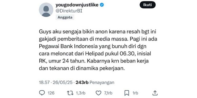 Viral Pegawai BI Diduga Bunuh Diri dan Terekam CCTV