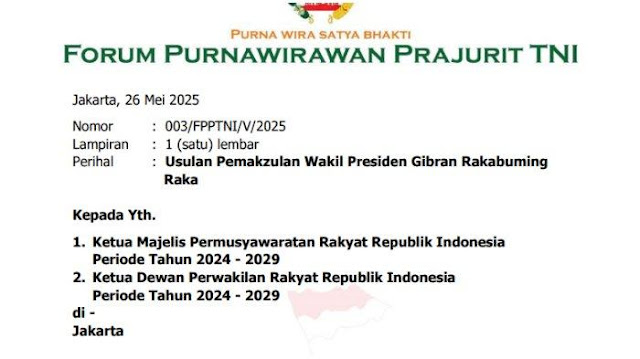 Forum Purnawirawan TNI Surati DPR-MPR, Tuntut Pemakzulan Gibran Segera Diproses!